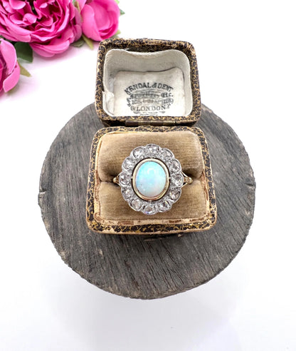 Victorian 18 Carat Yellow Gold Opal and Diamond Oval Cluster Ring, Circa 1890