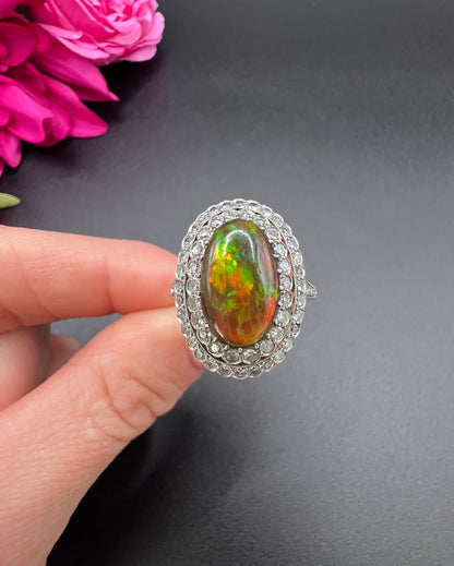 Vintage 18 Carat Gold, Platinum, Black Opal and Diamond Oval Cluster Ring