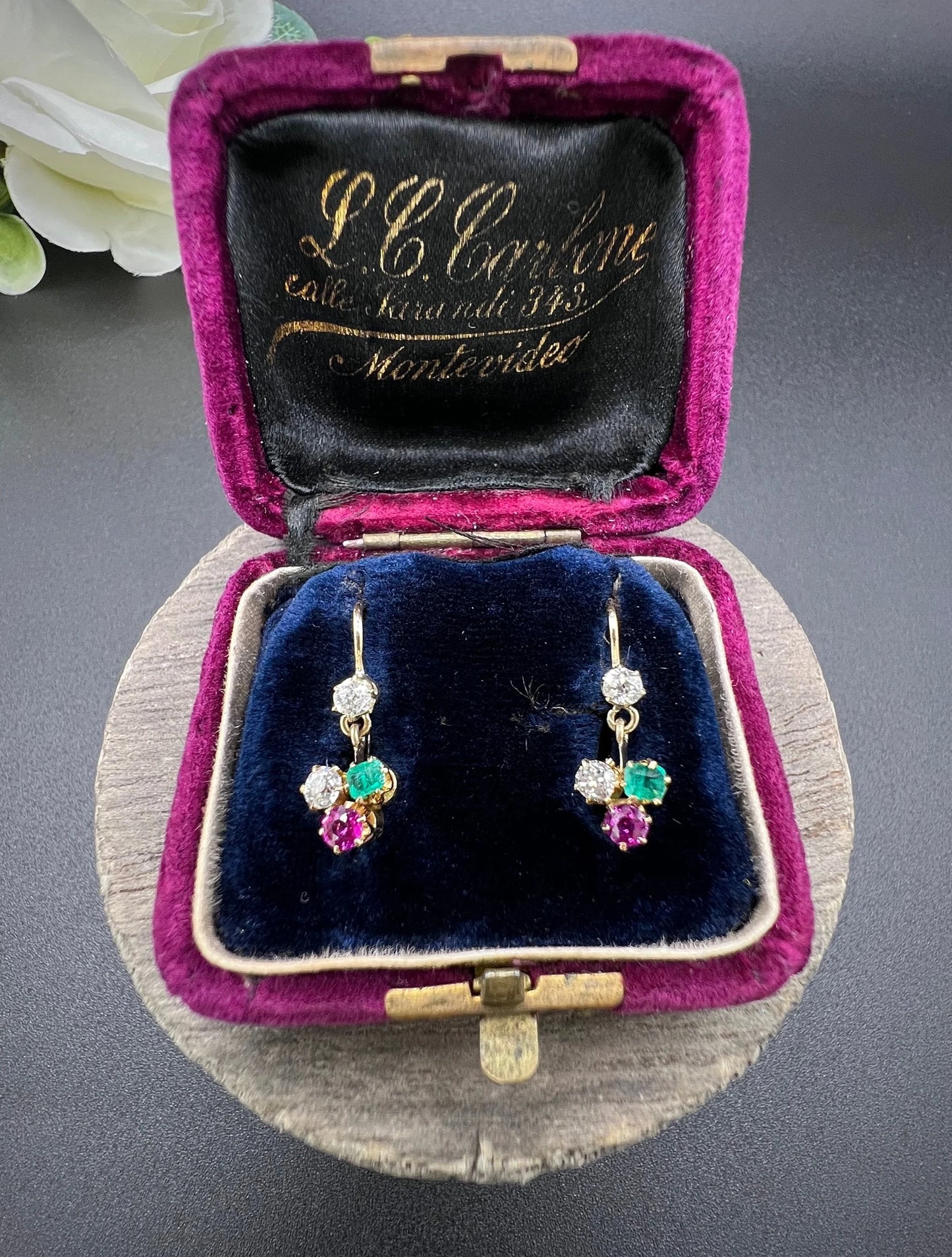 Antique 15ct Gold, Edwardian era Emerald, Ruby & Diamond Clover Earrings