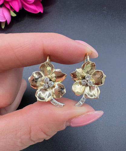 Vintage 18 Carat Yellow and White Gold Diamond Flower Earrings, Circa 1940
