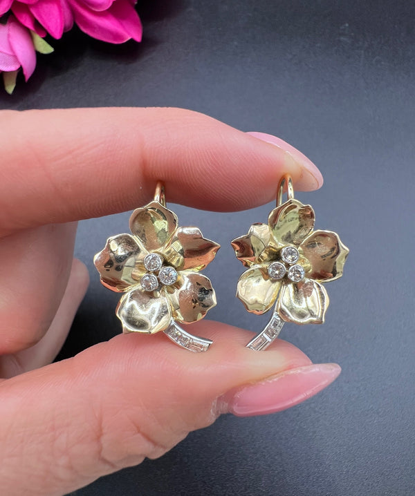 Vintage 18 Carat Yellow and White Gold Diamond Flower Earrings, Circa 1940