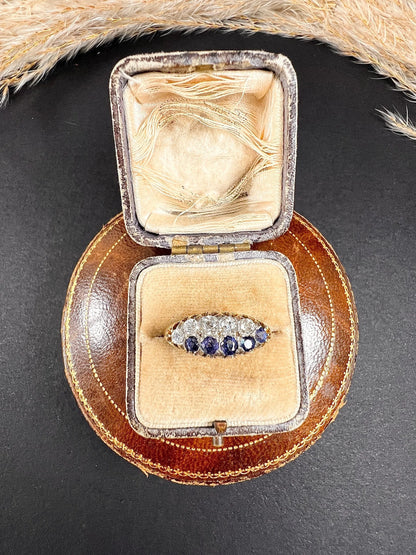 Victorian 18 Carat Gold Sapphire and Diamond Boat Shaped Ring, Circa 1880