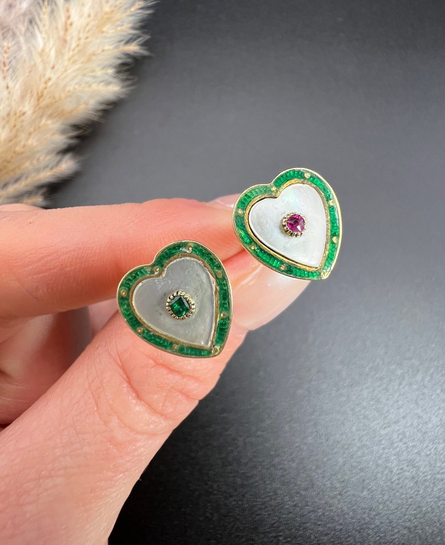 Antique 15ct Yellow Gold, 1920s Mother of Pearl, Green Enamel, Ruby & Emerald Heart Shaped Stud Earrings