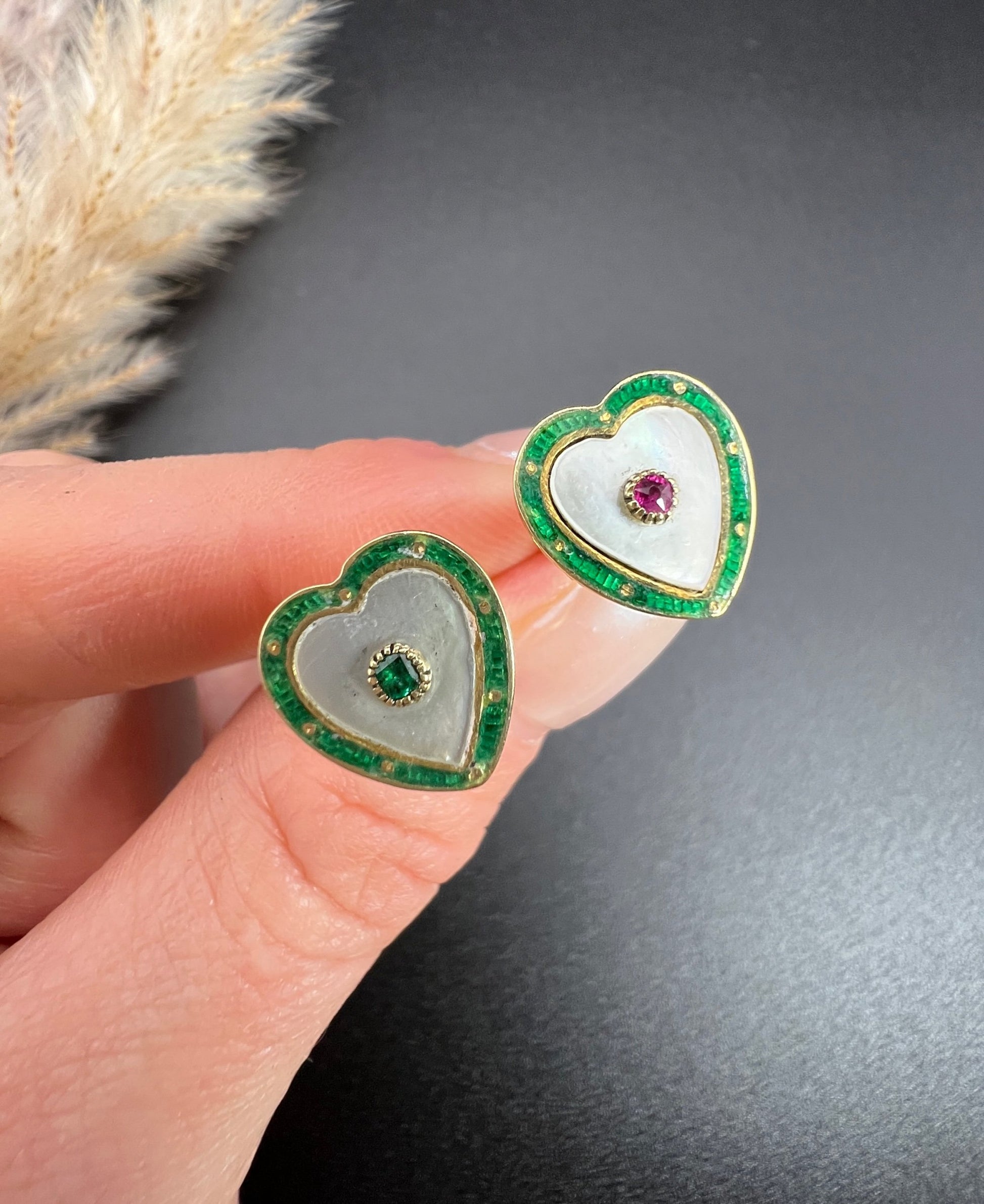 Antique 15ct Yellow Gold, 1920s Mother of Pearl, Green Enamel, Ruby & Emerald Heart Shaped Stud Earrings