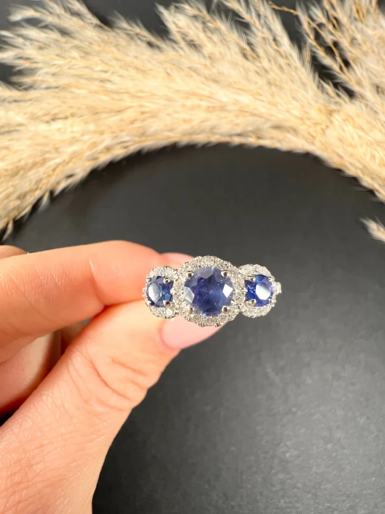 Sapphire And Diamond Cluster Trilogy Ring In Platinum