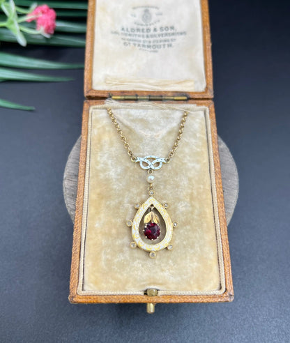 Antique 15 ct Gold, Edwardian Garnet, Diamond, Seed Pearl And Enamel Pendant Necklace