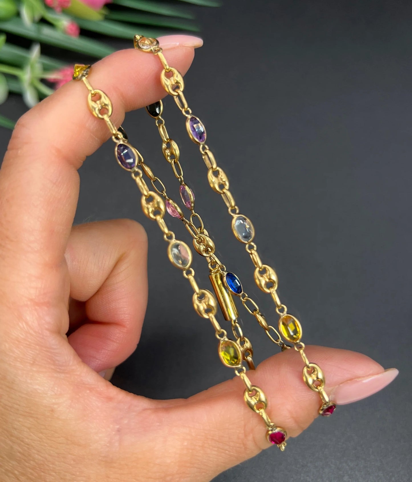 Vintage 18 Carat Yellow Gold Gemstone Harlequin Necklace with Barrel Clasp