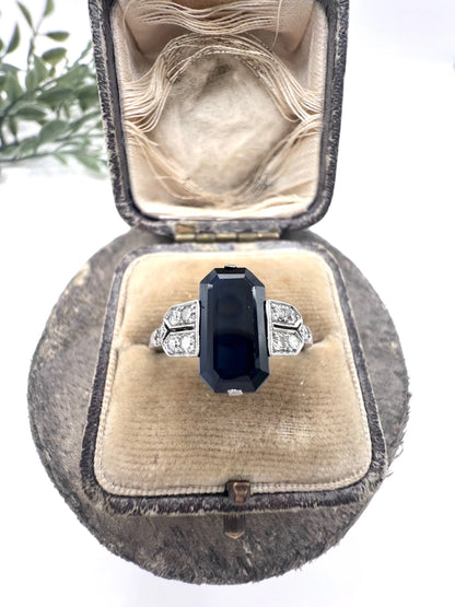 Antique Platinum, 1920s Original Art Deco Rectangular Sapphire & Diamond Ring