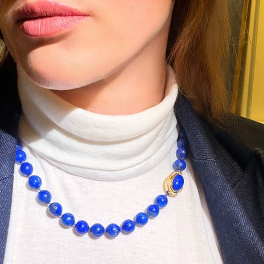 Vintage Lapis Lazuli Bead Necklace With Diamond Set 14 Carat Gold Clasp