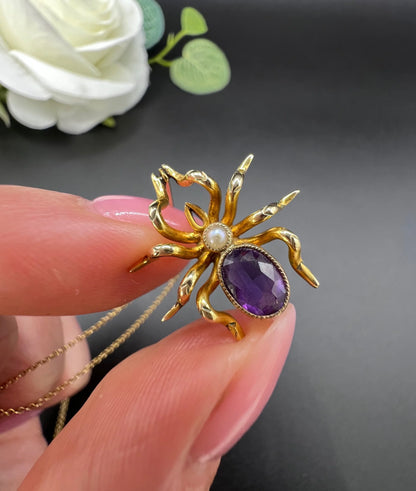 Antique 9 ct Gold, Edwardian Amethyst Spider And Fly Bug Pendant Necklace
