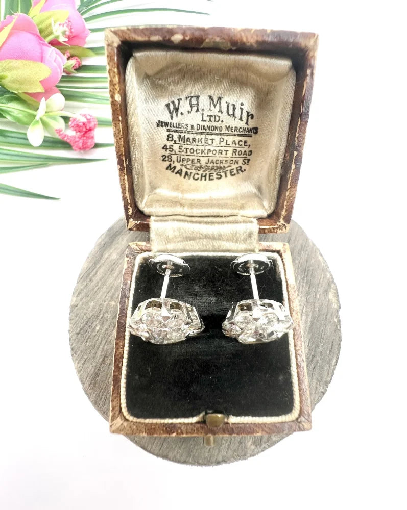 Vintage French 5.80ct Heart Diamond Cluster Stud Earrings