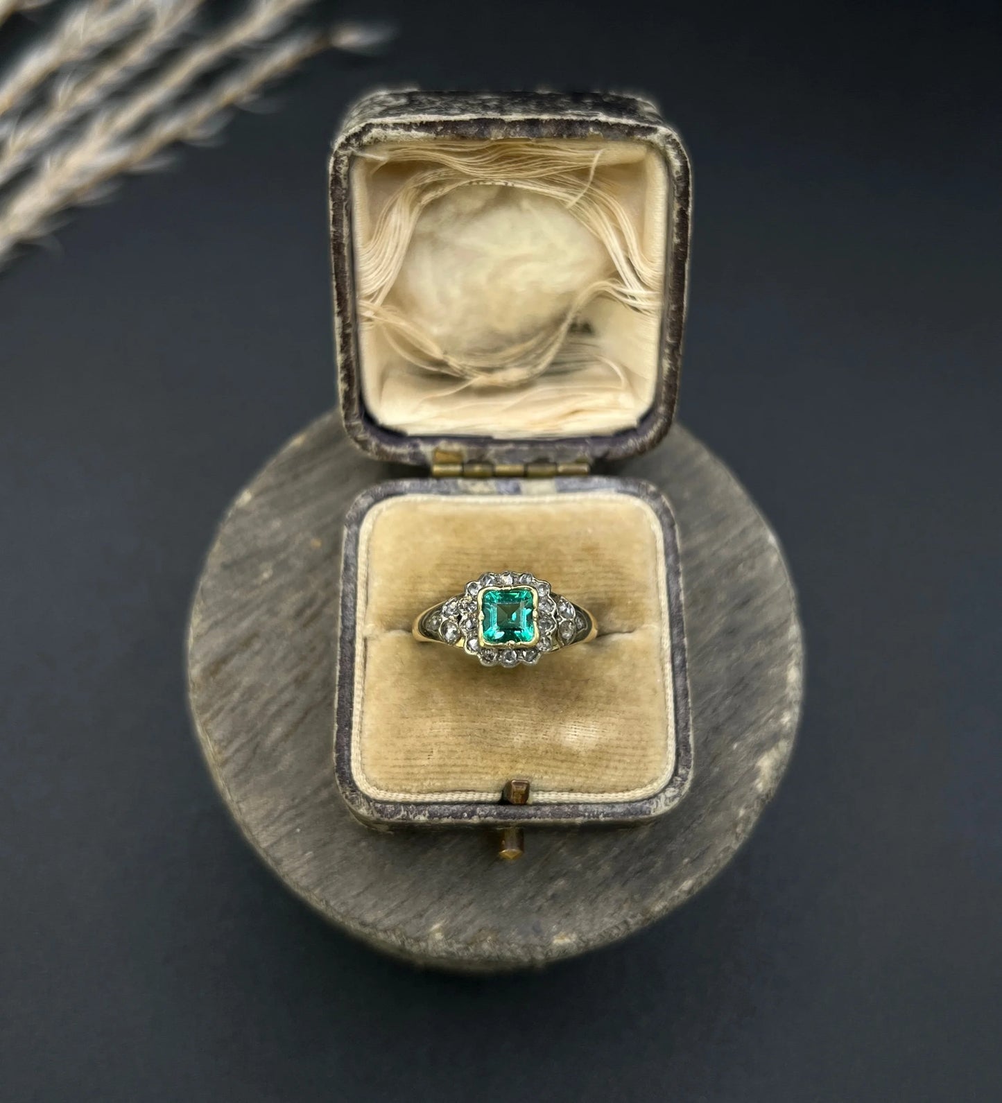 Victorian 18 Carat Yellow Gold Emerald and Diamond Square Cluster Ring, Circa 1860