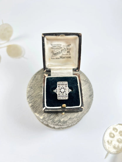 Antique 18ct Gold & Platinum Art Deco Rectangular Diamond  and Sapphire Plaque Ring