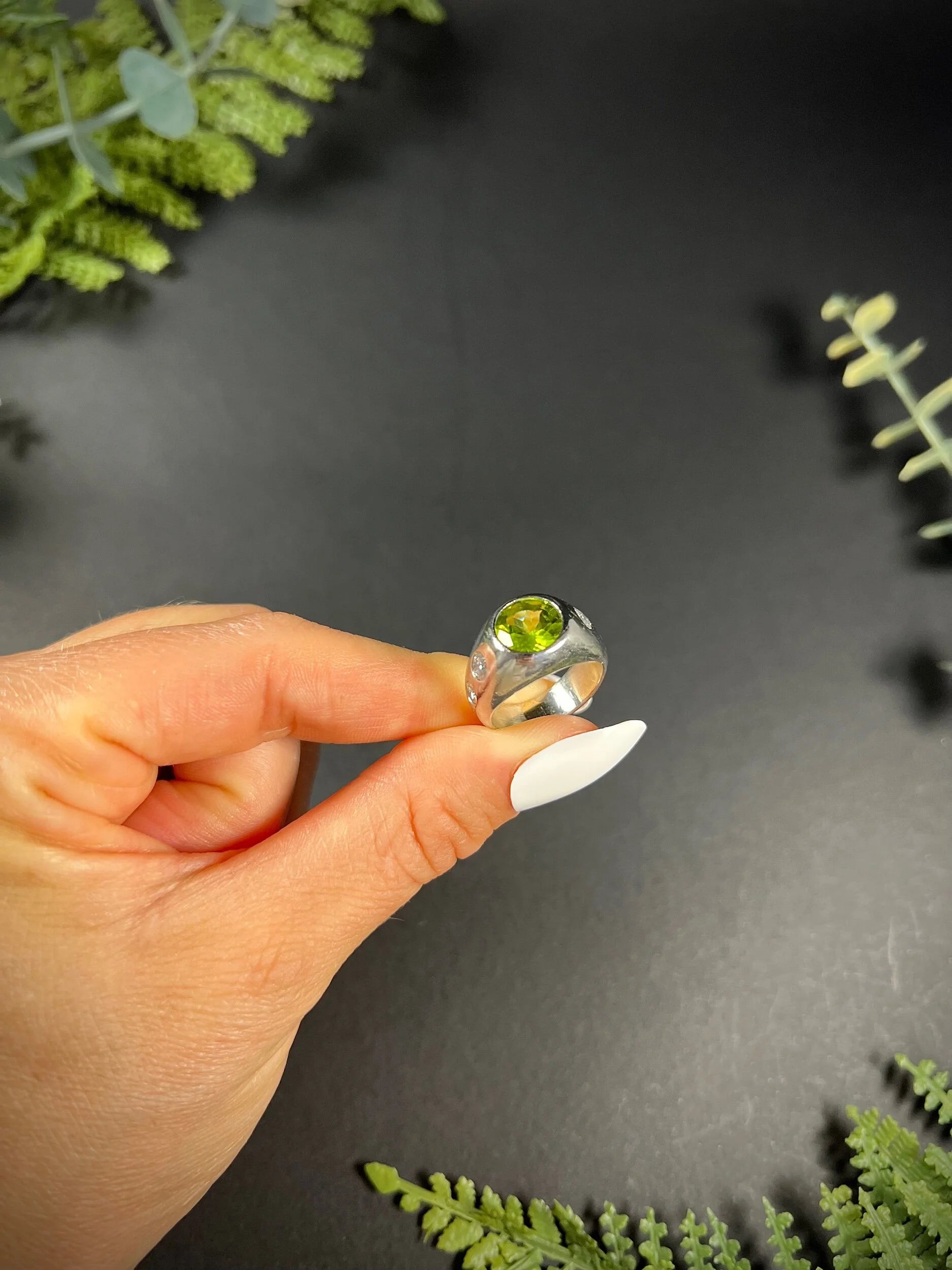 Vintage French Platinum, Peridot and Diamond Five Stone Ring, Circa 1940