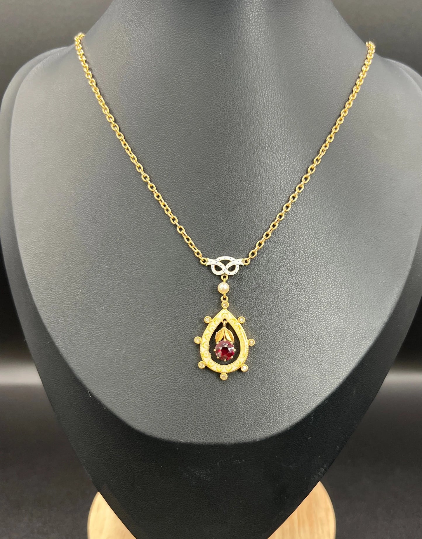 Antique 15 ct Gold, Edwardian Garnet, Diamond, Seed Pearl And Enamel Pendant Necklace