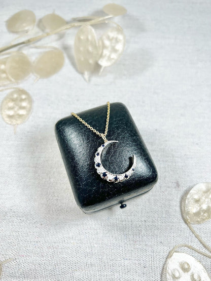 Victorian 9 Carat Gold, Silver, Sapphire and Diamond Crescent Moon Pendant