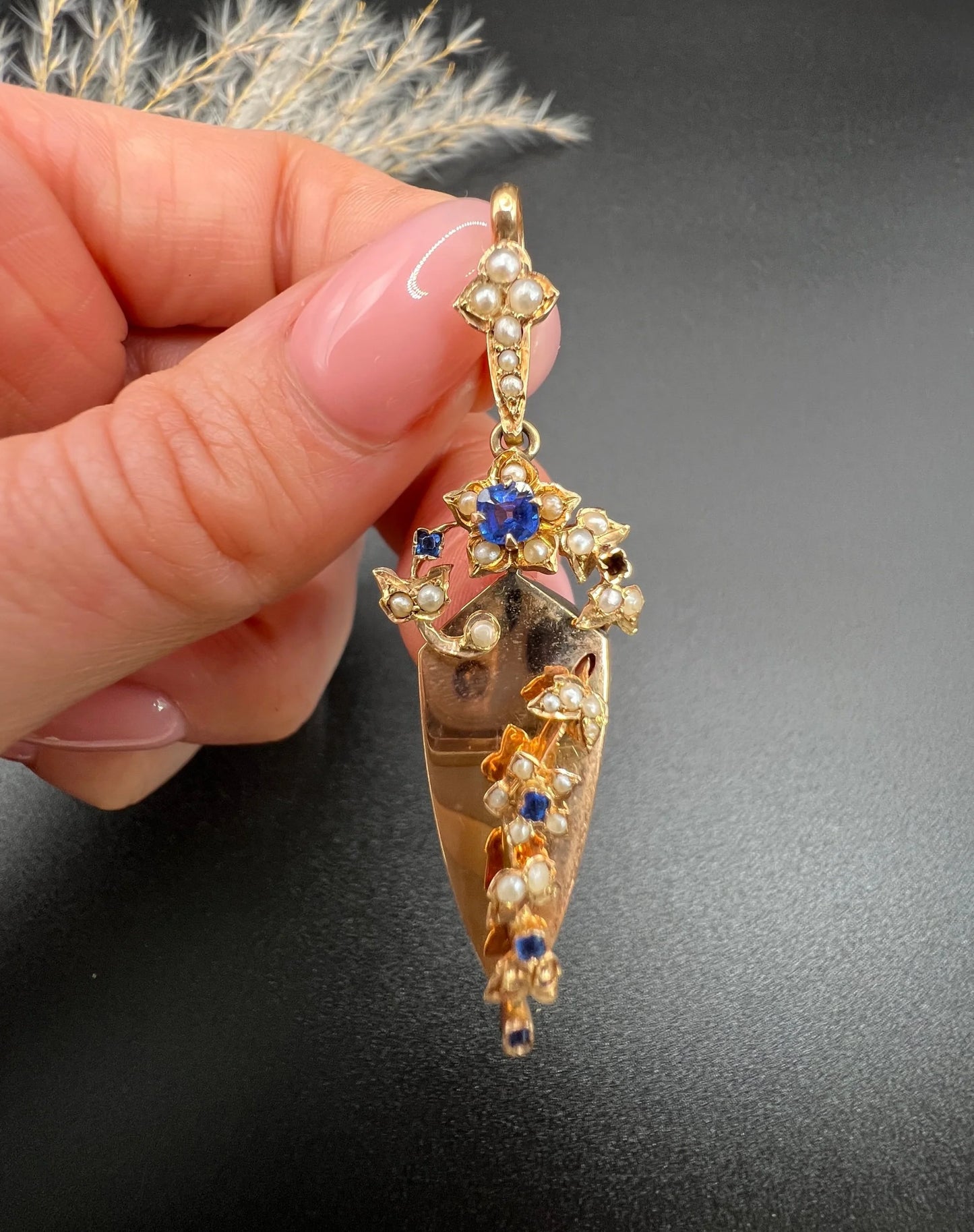 Antique 15 Carat Rose Gold Sapphire and Pearl Pendant, Circa 1900