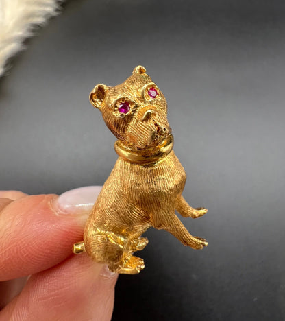 Vintage 18 Carat Yellow Gold Ruby Eyed Dog Brooch, Circa 1970