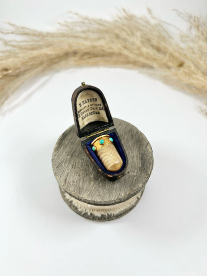Antique 15ct Yellow Gold & Turquoise Victorian Gold Thimble with Original Antique Box