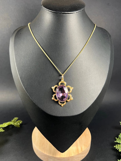 Antique 15 ct Yellow Gold, Edwardian Large Oval Faceted Amethyst And Seed Pearl Pendant