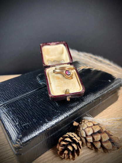 Antique 10ct Rose Gold, Victorian Garnet Headed Snake Ring