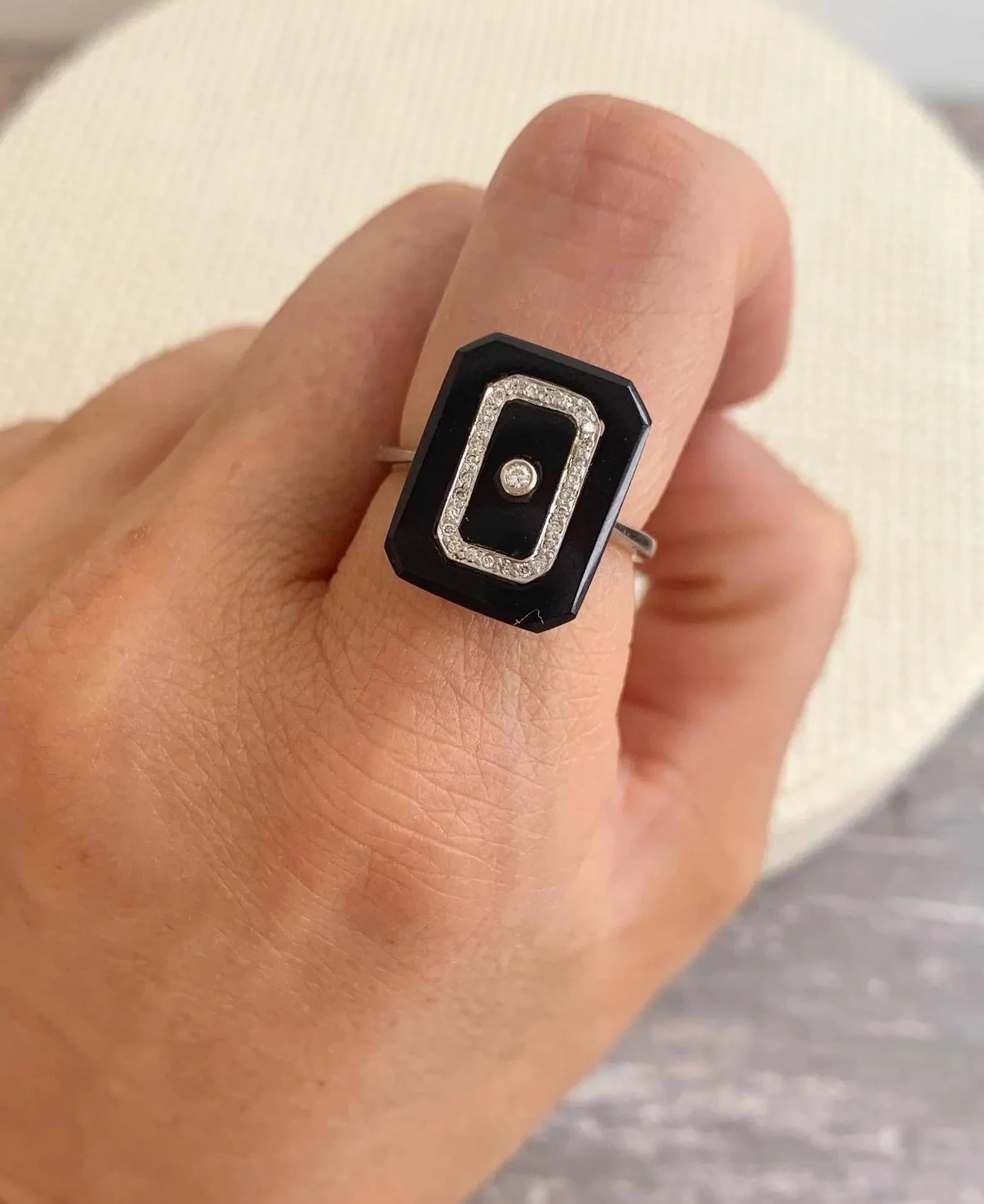 Antique 18ct White Gold, 1920s Art Deco Onyx & Diamond Rectangular Shaped Ring