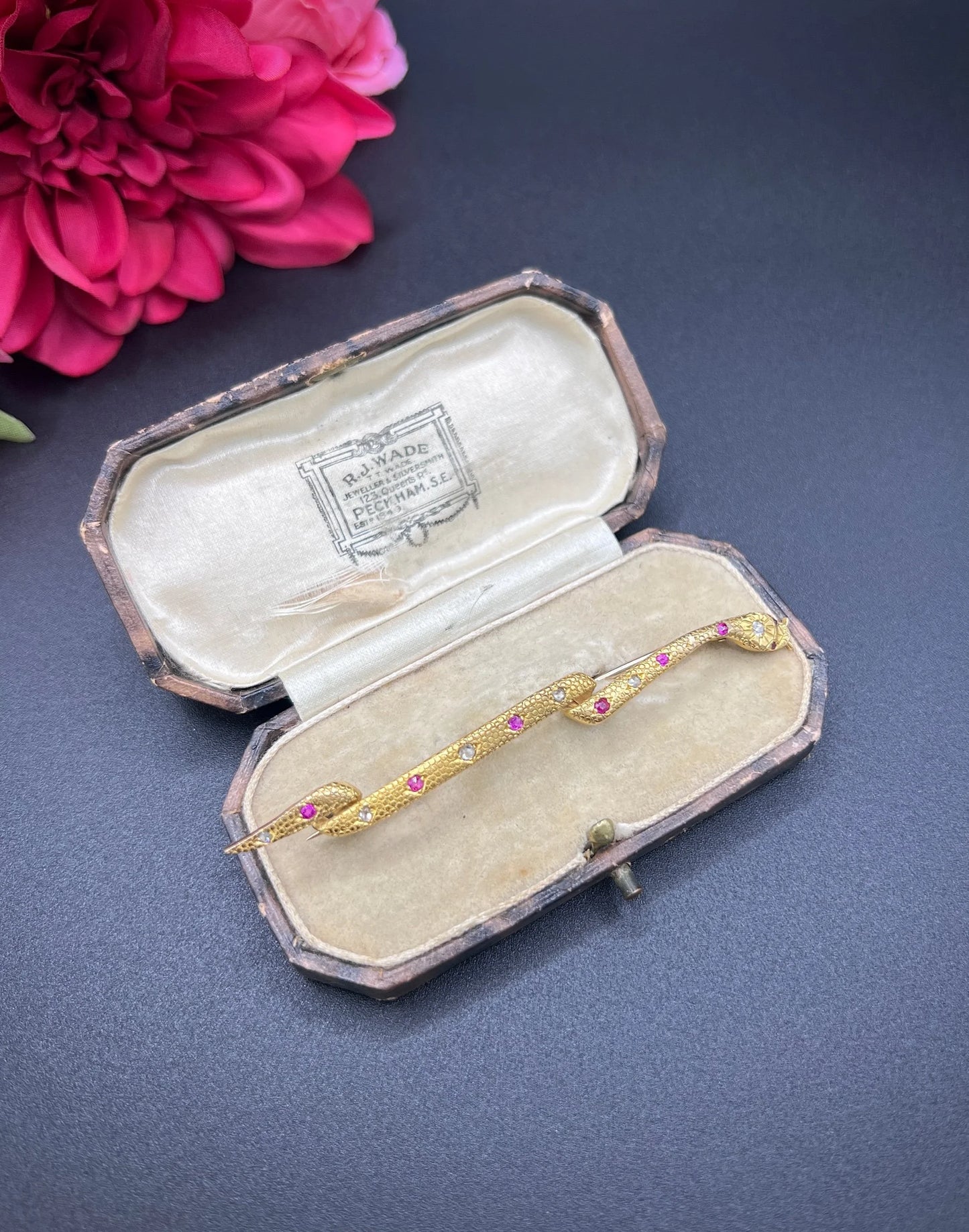 Antique 18ct Gold, Edwardian Ruby & Diamond Snake Brooch