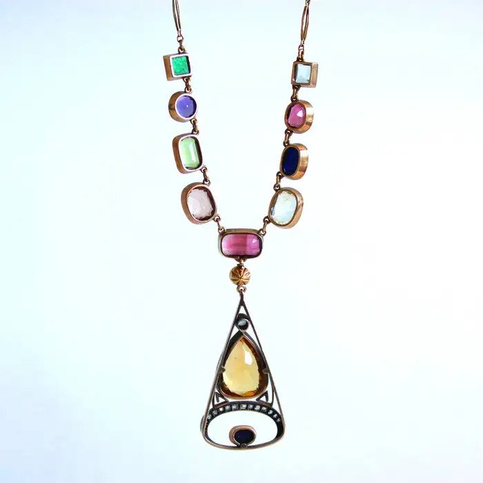 Antique Russian Multi Gemstone Necklace in Tri Colour 15 Gold Circa 1890s