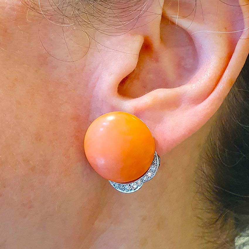 Vintage Coral and Diamond Stud Clip on Earrings