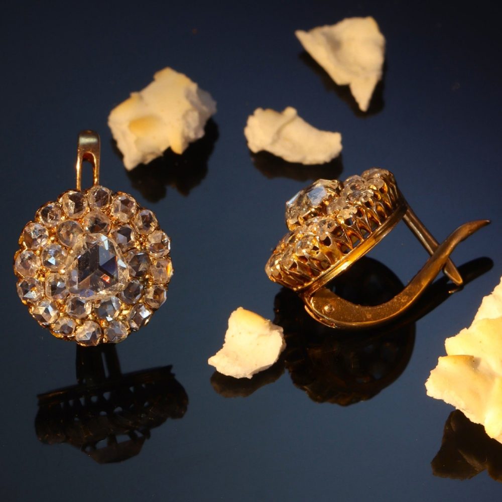 Victorian Antique Rose Cut Diamond Cluster Drop Earrings