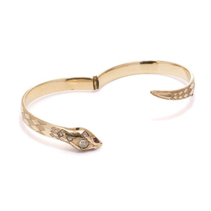 Vintage 9ct Yellow Gold Snake Bracelet with Diamond and Ruby