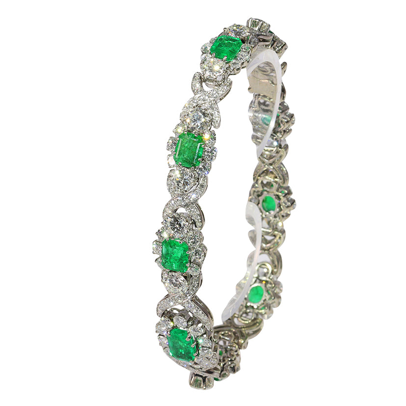 Vintage 1950s Colombian Emerald and Diamond Bracelet in White Gold