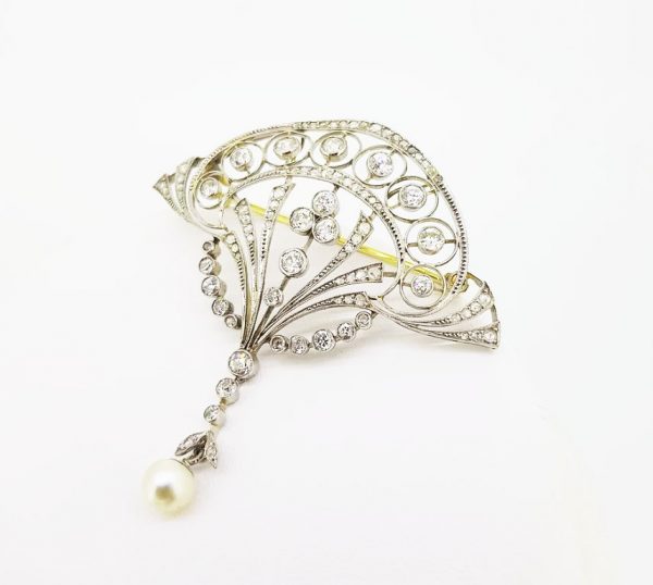 Art Nouveau Natural Pearl and Diamond Brooch, Platinum and Gold