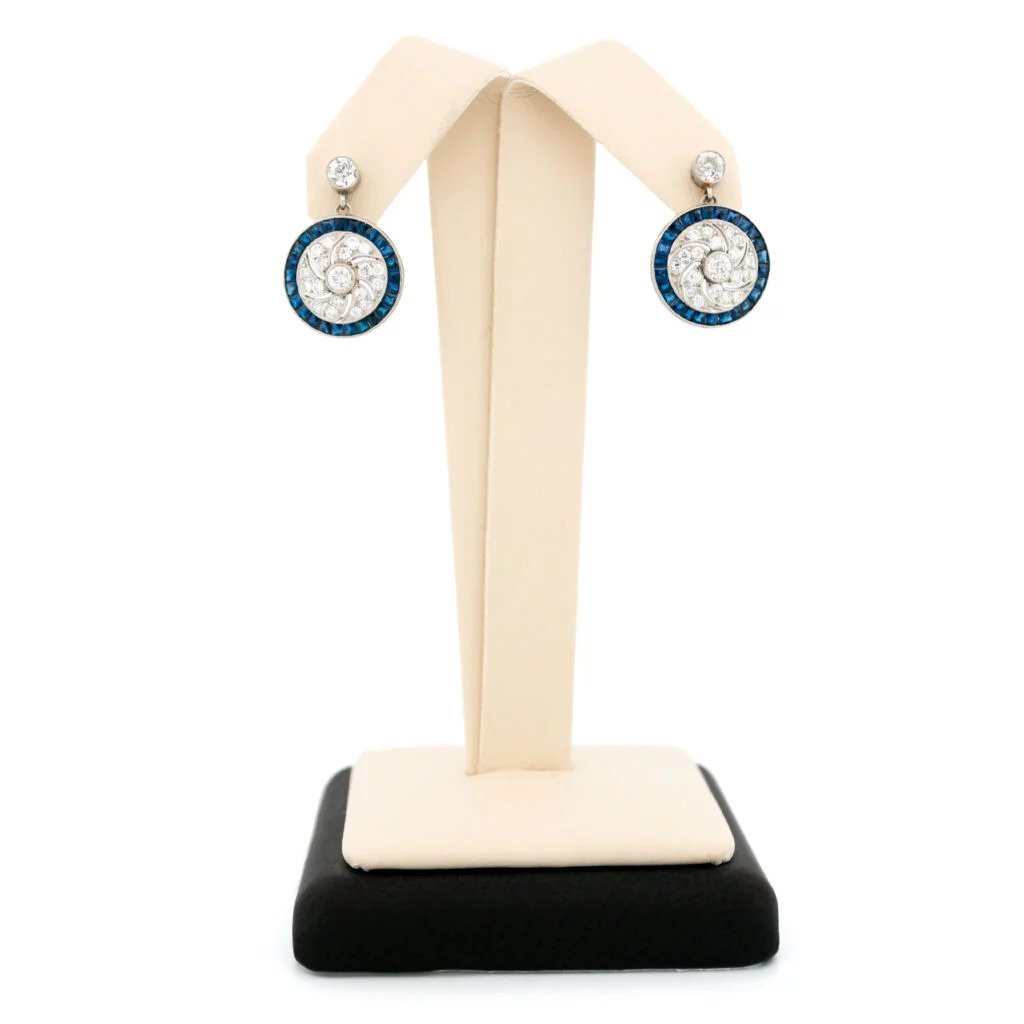 Art Deco Style Old Mine Cut Diamond and Sapphire Cluster Drop Earrings