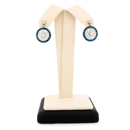 Art Deco Style Old Mine Cut Diamond and Sapphire Cluster Drop Earrings