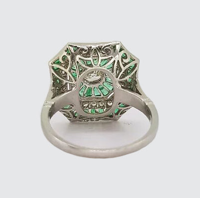 Art Deco Style Emerald and Diamond Cluster Square Cocktail Ring