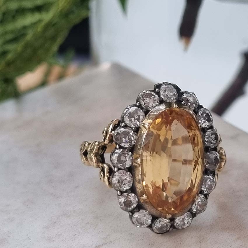 Victorian Antique 6.73ct Imperial Topaz and 1.60ct Old Cut Diamond Cluster Ring