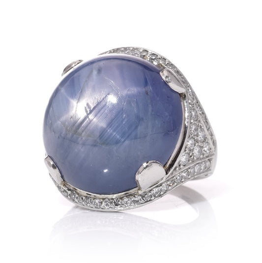 46ct Cabochon Star Sapphire and Diamond Domed Cocktail Ring in Platinum