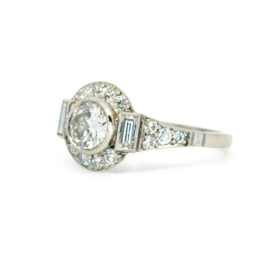 Vintage Art Deco Style Diamond and Platinum Cluster Ring, 1.39ct total, 0.74ct old European-cut diamond surrounded old mine-cut and baguette cut diamonds