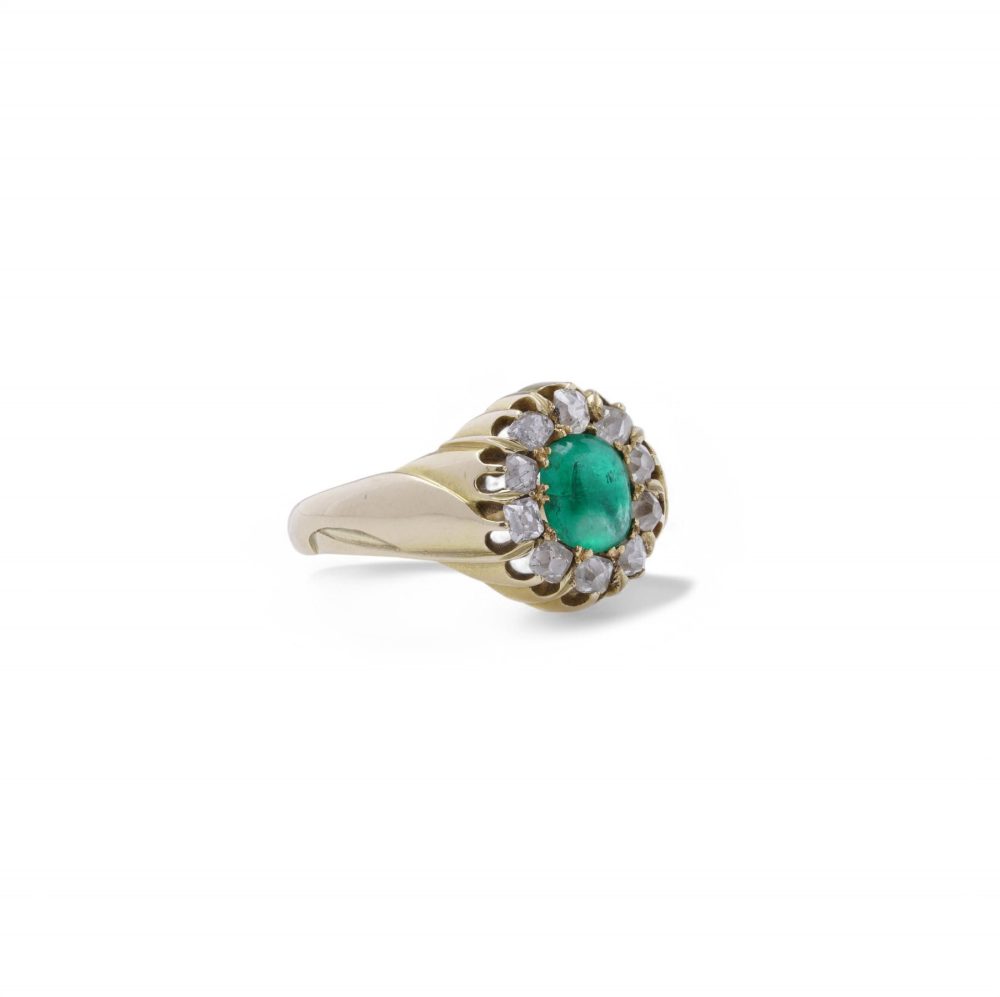 Emerald And Old Cut Diamond Cluster Ring In 14 Carat Yellow Gold