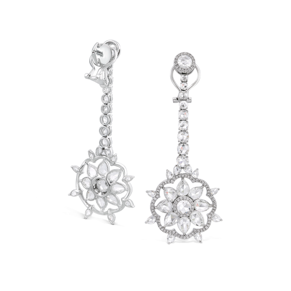 Rose Cut Diamond Cluster Drop Earrings; 12.42 carats, featuring floral clusters suspended from graduating diamond drops, set with 12.42cts round and pear-shaped rose-cut diamonds, accented with numerous round brilliant-cut diamonds