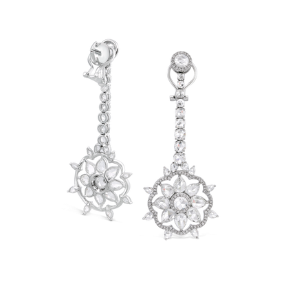 Rose Cut Diamond Cluster Drop Earrings; 12.42 carats, featuring floral clusters suspended from graduating diamond drops, set with 12.42cts round and pear-shaped rose-cut diamonds, accented with numerous round brilliant-cut diamonds