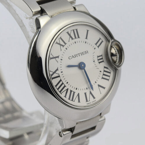 Cartier Ballon Bleu Ladies 28mm Stainless Steel Quartz Watch, Ref. 3009, off-white/silver colour dial, Roman numerals, sapphire crystal, stainless steel bracelet with double-fold hidden clasp