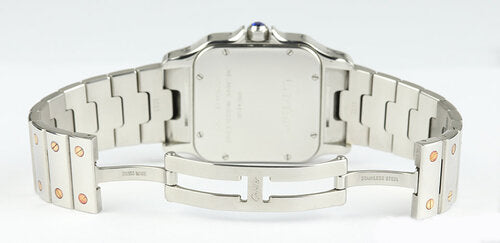 Cartier Santos Galbee 32mm Large Steel and Gold 2823 Automatic, white dial, Roman numerals, blued steel hands, date indicator at 4, sapphire crown, sapphire crystal, stainless steel bracelet with hidden clasp