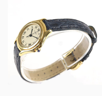 Cartier Cougar 18ct Yellow Gold 26mm Ladies, Small Model, Ref887921, off white dial, Roman numerals, date aperture at 3, blue steel hands, blue cabochon gem set crown, quartz movement, black leather strap