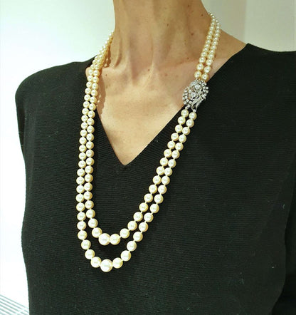 Vintage 1950s Double Row Akoya Pearl Necklace with Diamond Clasp, 1.75 carats