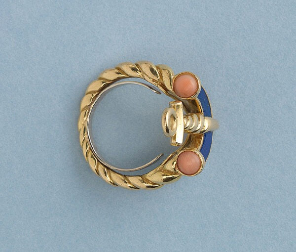Vintage Gold Anchor Ring with Coral and Lapis, Signed Fred of Paris
