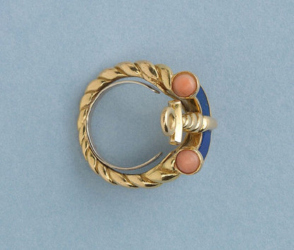 Vintage Gold Anchor Ring with Coral and Lapis, Signed Fred of Paris