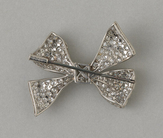 Art Deco Old Cut Diamond Bow Brooch in Platinum, 4.50 carat total