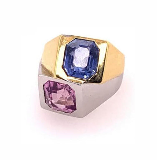 Avant Garde Pink and Blue Sapphire Two Tone Ring; striking vintage retro asymmetrical design with a natural unheated pink sapphire set in platinum and a 3ct natural unheated cornflour blue sapphire set in 18ct yellow gold. Attributed to Rene Boivin, French 1940
